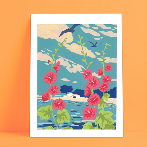 Paola Hirou - [Plage et roses trémières], 30x40cm, 100ex.